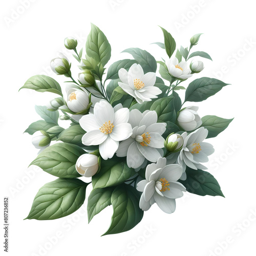 Delicate white jasmine flowers with vibrant green leaves, exuding elegance and natural beauty.