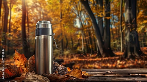Stainless Steel Thermos Amidst Vibrant Autumn forest Generative AI