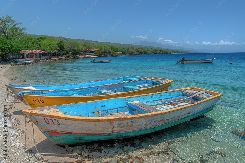 Two boats sitting on sandy beach by the water Two boats sitting on sandy beach by the water