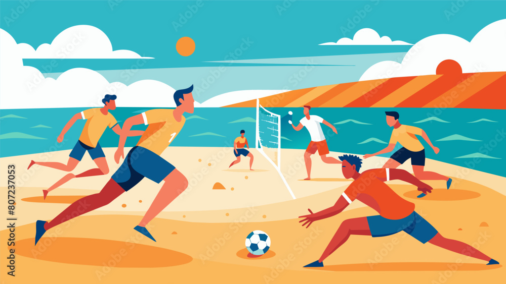 A beach soccer tournament players kicking up sand as they battle for the ball under the beating sun.. Vector illustration