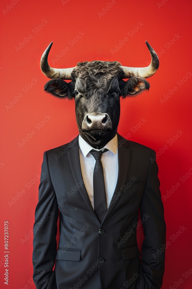 bull in a suit on a red background. business style. bull in a suit on a red background. business style.