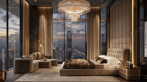 Indulge in Luxury  Experience the Elegance of a Modern Bedroom  Complete with a Stunning Chandelier