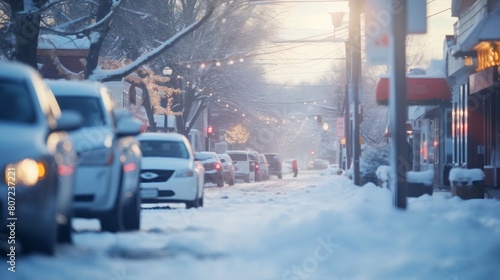 Small winter town. Snow-covered street with residential buildings and commercial lower floors. America peaceful landscape snow amazing winter sunset or morning scenery in residential houses