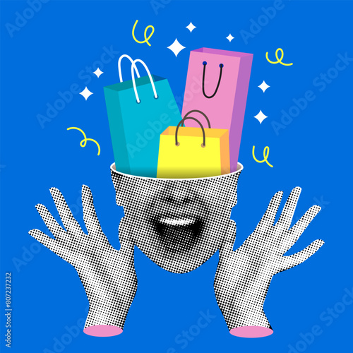 Sale concept. Modern collage. Halftone woman screaming with delight. Shopping bags sticking out of a woman's head. Trendy vintage newspaper parts. Anticipation of holidays and gifts. Shopping concept