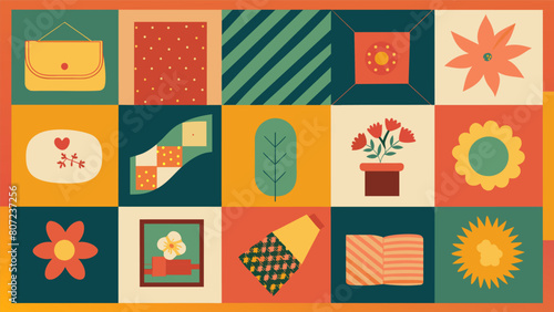A whimsical quilt pieced together from a variety of retro prints and vintage linens each square telling a unique story of days gone by.. Vector illustration