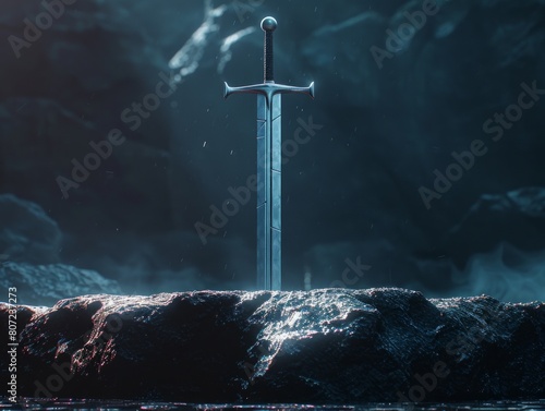King Arthurs legendary sword, Excalibur, stands upright in the vast expanse of the ocean, symbolizing power, destiny, and the call to adventure. photo