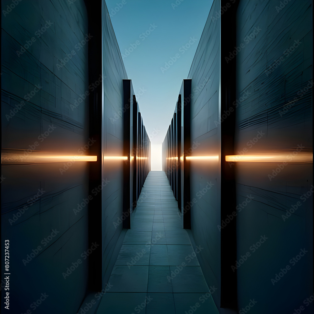 Empty and open tunnel with lighting and high walls. Empty and open tunnel with lighting and high walls.