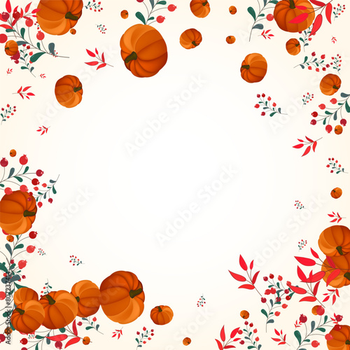Yellow Vegetable Background Light Vector. Red November Set. Orange Leaves Maple Template. Gourd Food. Pumpkins Card.