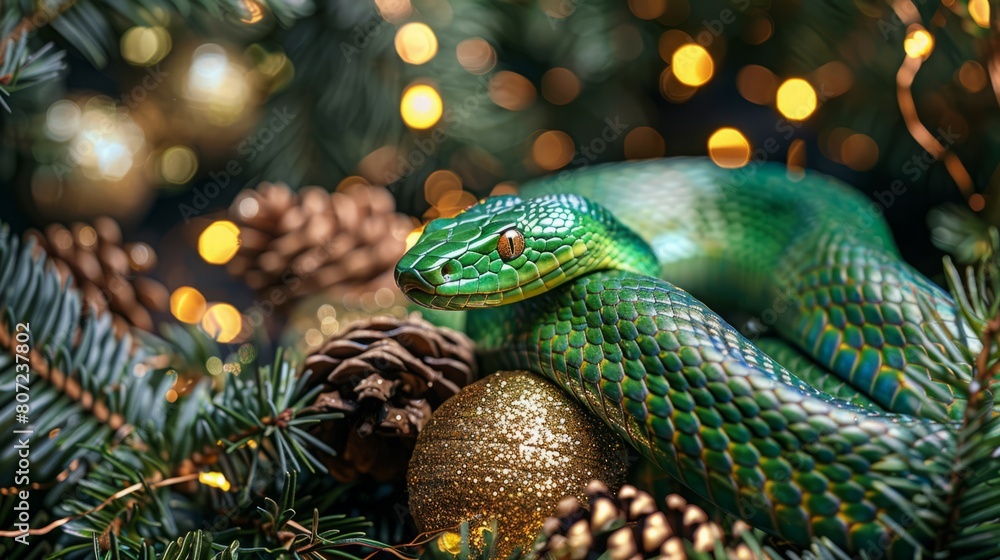 green snake on a background of gold sequins and branches of fir trees. green snake on a background of gold sequins and branches of fir trees.