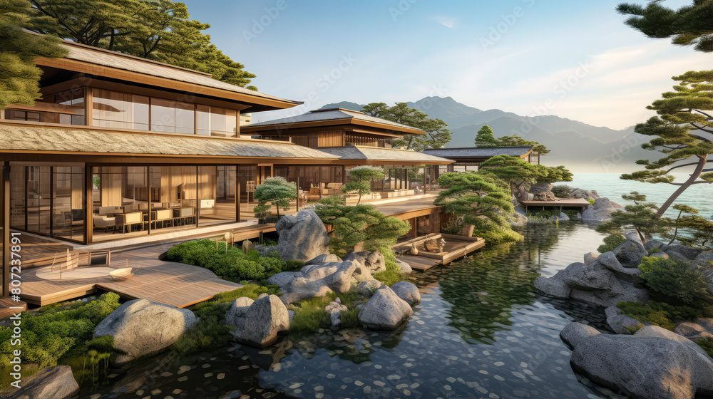3D render, Exterior design concept, Japanese Resort by the Natural background, Retreat and Relax Space. travel and vacation background 3D render, Exterior design concept, Japanese Resort by the Natural background, Retreat and Relax Space. travel and vacation background