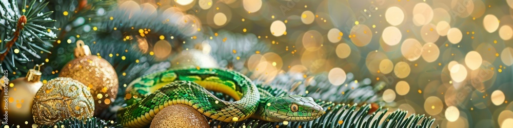 green snake on a background of gold sequins and branches of fir trees. green snake on a background of gold sequins and branches of fir trees.