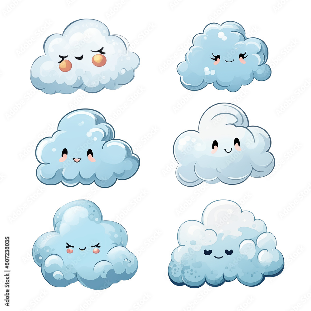 A set of six cartoon clouds with different expressions