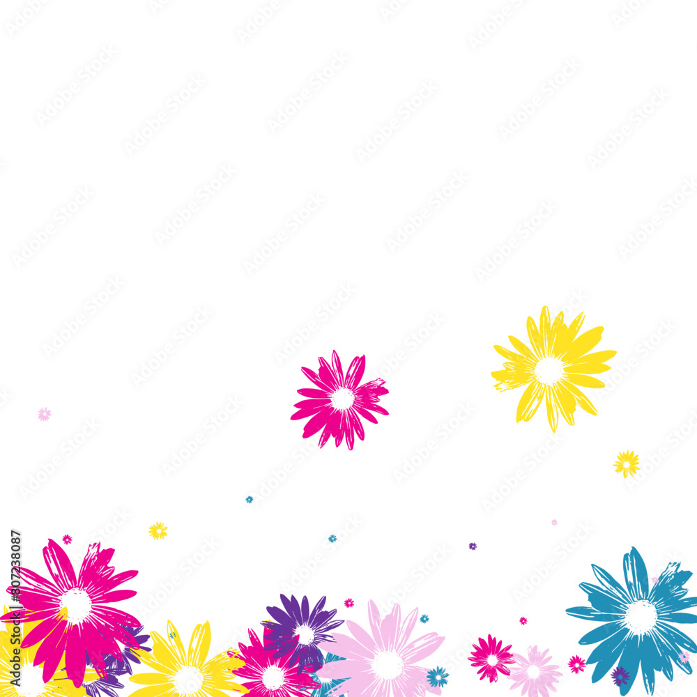 Blue Flowers Background White Vector. Daisy Flowering Period Template. Yellow Plant Vintage. Artistic Card. Sweet Purple Petal. Blue Flowers Background White Vector. Daisy Flowering Period Template. Yellow Plant Vintage. Artistic Card. Sweet Purple Petal.