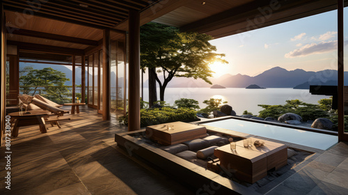 3D render interior design concept  Tranquil Japanese Resort by the Lake Natural background  A Serene Retreat and Relax with private Onsen space. travel and vacation background