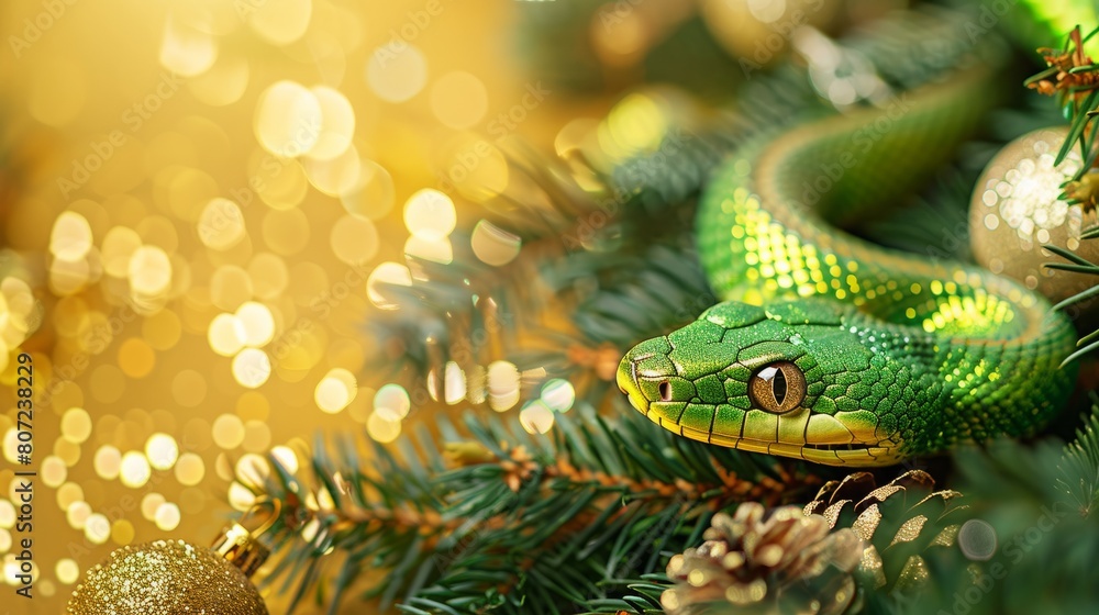 green snake on a background of gold sequins and branches of fir trees. green snake on a background of gold sequins and branches of fir trees.