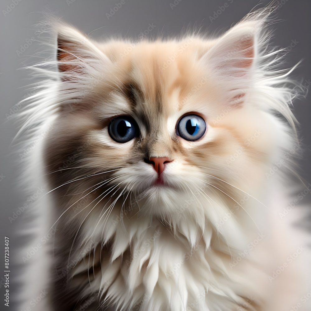 Cute fluffy portrait kitty Cat Ragdoll looking at camera isolated on clear png background, funny moment, pet concept