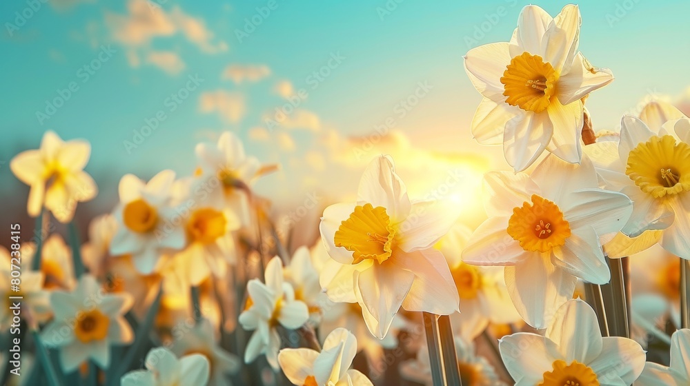 Radiant Dawn: A Serene Field of Daffodils Basking in Warm Sunrise Light - Springtime Natural Background Radiant Dawn: A Serene Field of Daffodils Basking in Warm Sunrise Light - Springtime Natural Background