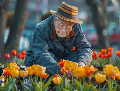 Elderly Asian Man Cultivating Tulips in Urban Community Garden at Sunset