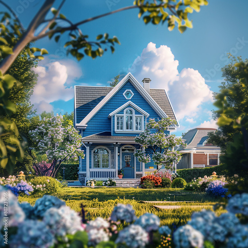 A blue house in the garden