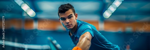 Hispanic Male Athlete in Tech-Enhanced Tennis Outfit Training at Sports Facility