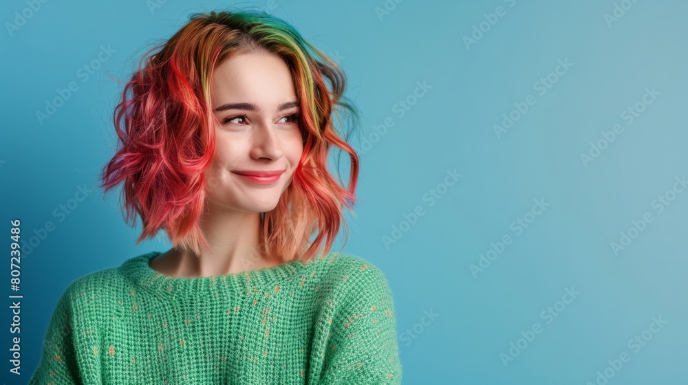 Attractive lady with colored hair with a smile on her face isolated on a blue background in a green sweater looking aside hyper realistic Attractive lady with colored hair with a smile on her face isolated on a blue background in a green sweater looking aside hyper realistic