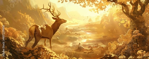 A majestic deer stands overlooking a golden El Dorado valley at sunrise, showcasing a serene landscape of wildlife and natural beauty