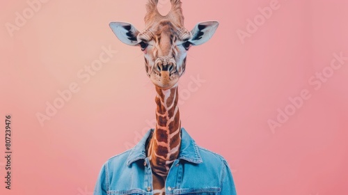 anthropomorphic giraffe in a denim stylish jacket isolated on a pink background, wild animal person in human clothes hyper realistic 
