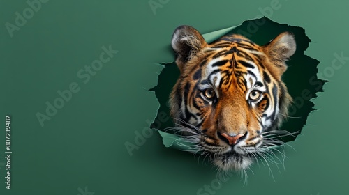 Artistic image showcasing a tiger poking its head through a torn green paper  suggesting curiosity and exploration hyper realistic 