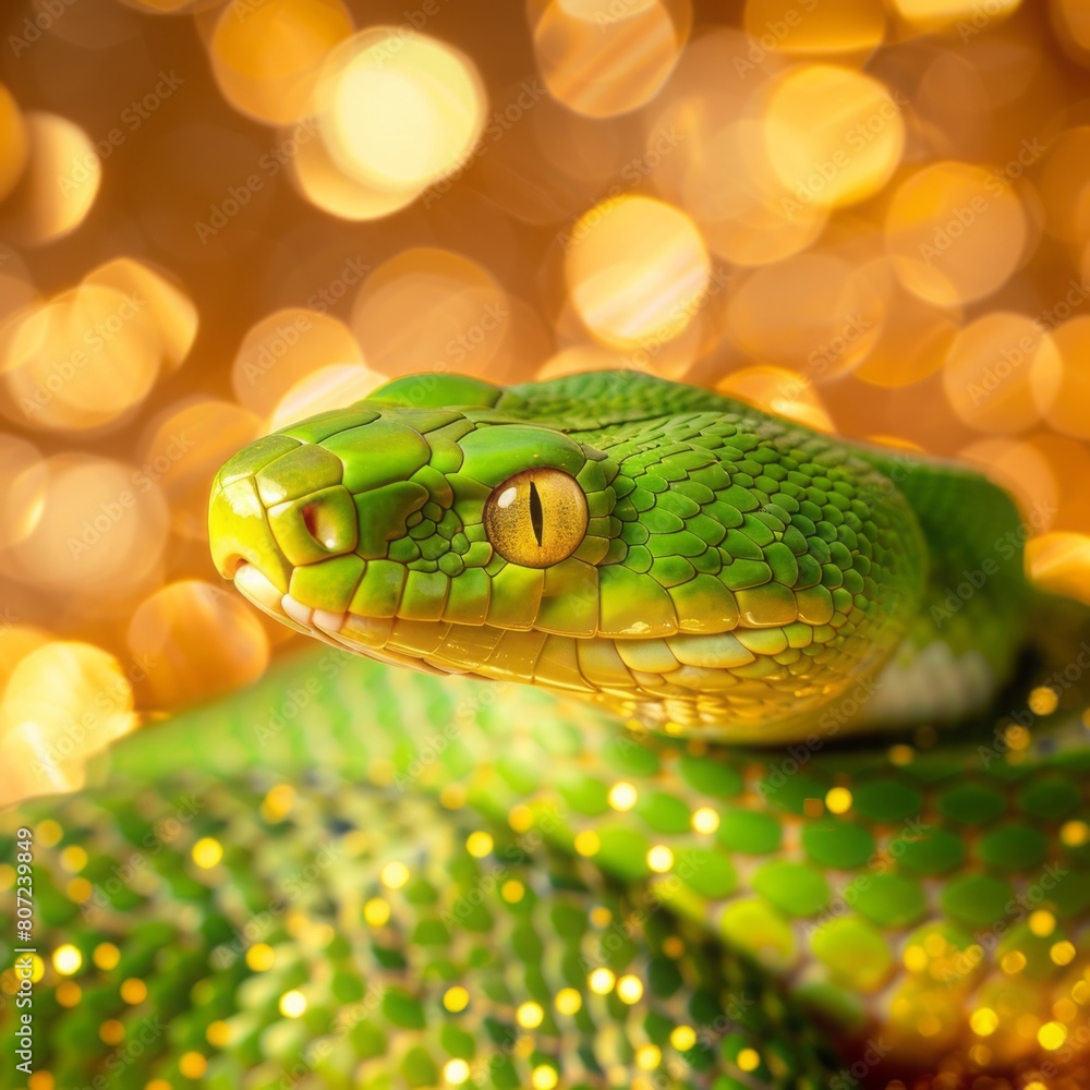 Obraz premium green snake on a background of gold sequins with space for text.