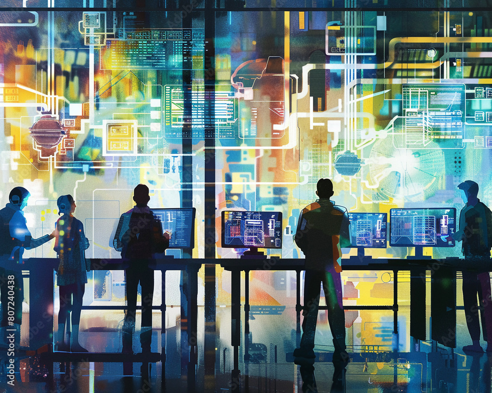 AI technology hub with engineers programming advanced machine learning ...
