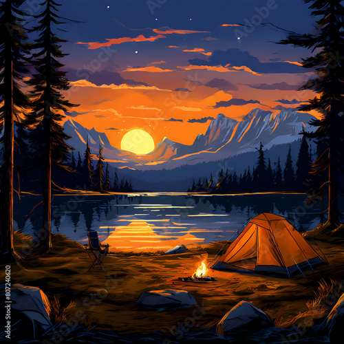 outdoor camping background A picturesque camping site in nature with tents and campfire  forest  lake  mountain  generated by AI 