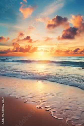 The fiery sun set behind the horizon. Sky in bright shades of orange  pink  and purple As gentle waves hit the sandy shore.