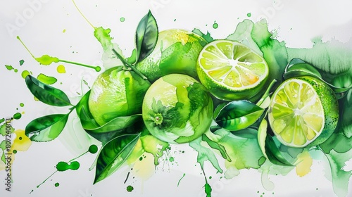 Green watercolor paint splash on paper with limes and green leaves hyper realistic 