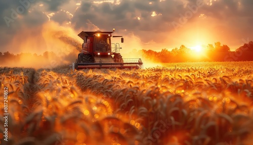 A combine harvester harvests a field of wheat at sunset