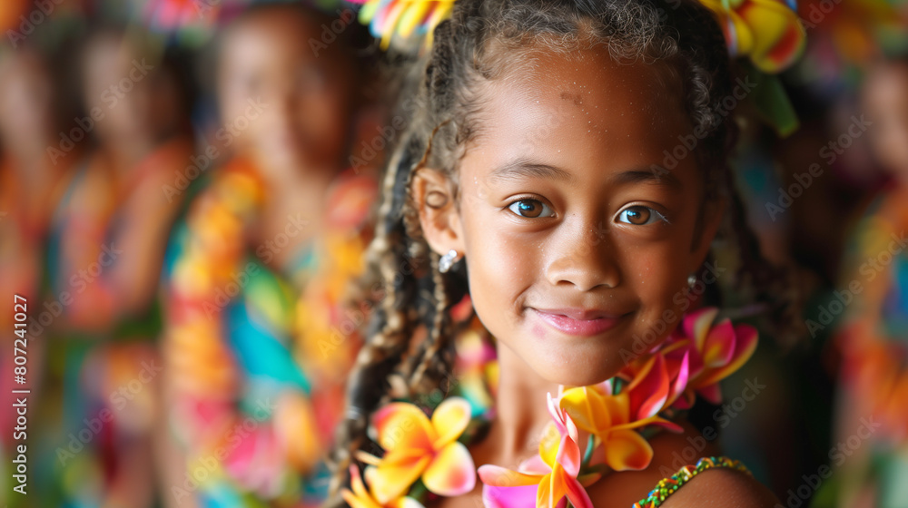 A girl with a traditional wreath of fresh flowers around her neck. Pasifika community. vibrant flowers used as hair decorations along with colorful traditional attire. A girl with a traditional wreath of fresh flowers around her neck. Pasifika community. vibrant flowers used as hair decorations along with colorful traditional attire.