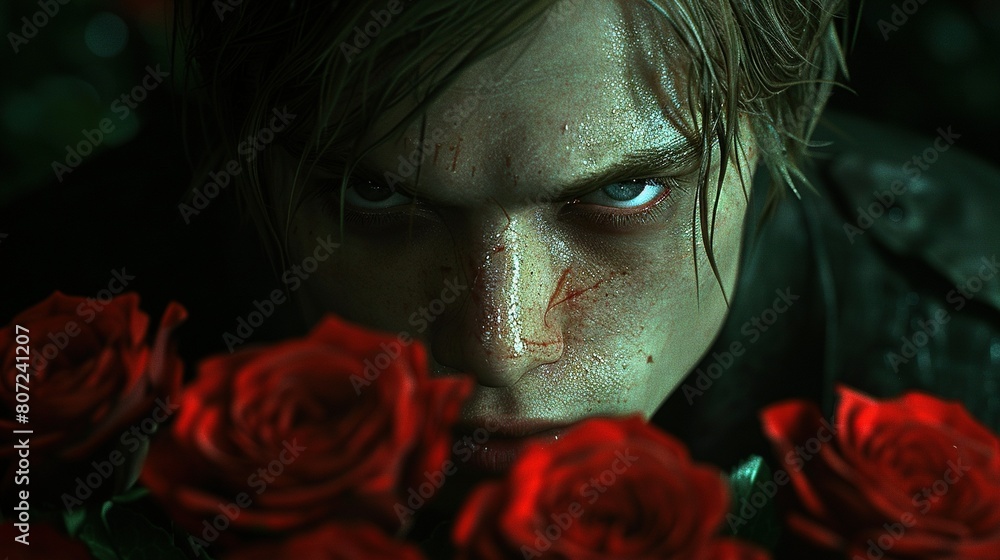   A person with roses in front of them, blood stains on their face