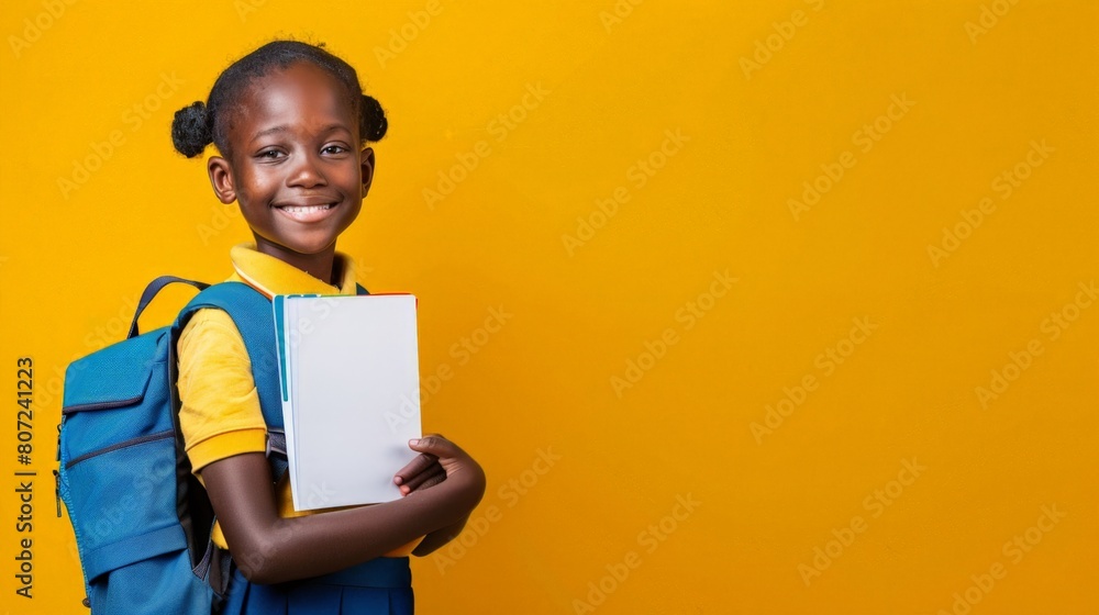 Smiling Young African-American Girl with Backpack and Books on Bright Yellow Background, copy space Smiling Young African-American Girl with Backpack and Books on Bright Yellow Background, copy space