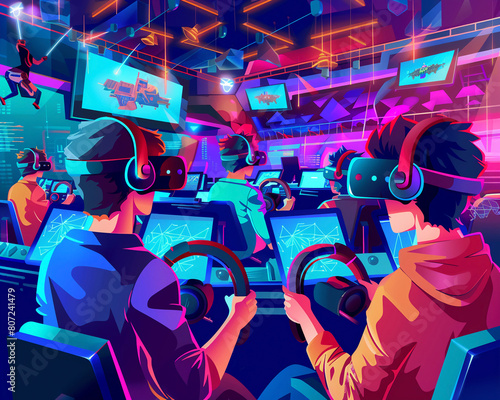 VR gaming tournament, gamers equipped with the latest headsets and controllers, competing in a visually rich virtual arena3D vector illustrations photo