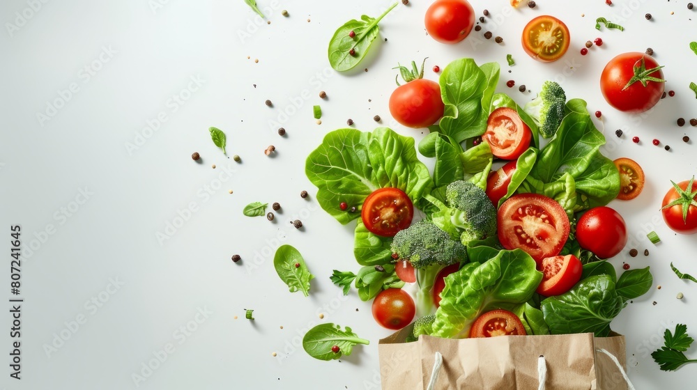 Fresh vegetables falling into the paper bag on white background 1 Fresh vegetables falling into the paper bag on white background 1