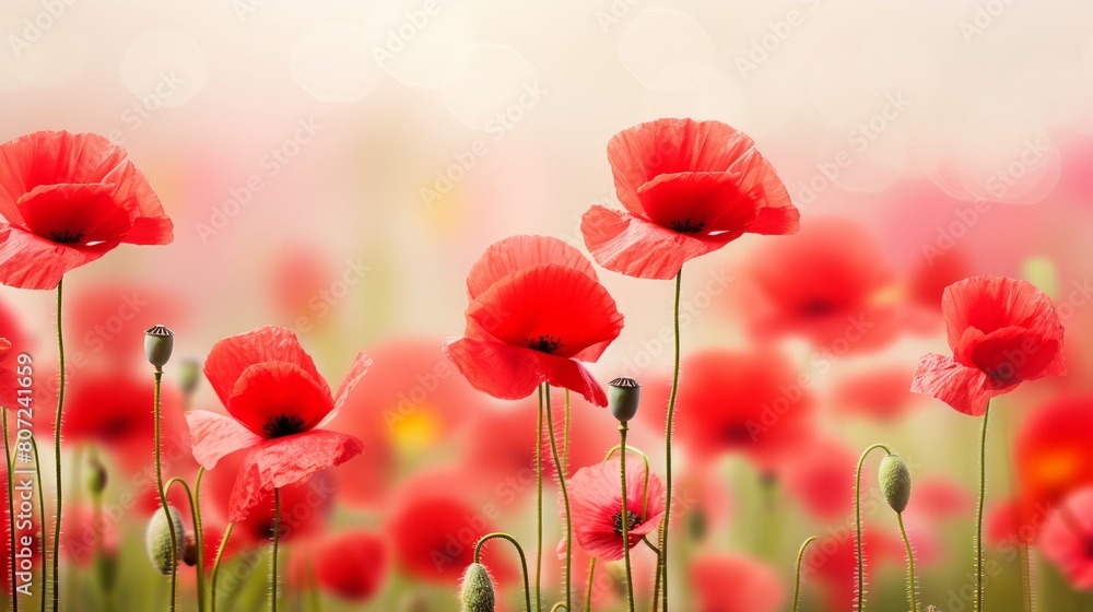 Obraz premium Beautiful closeup of poppies poppy Papaver rhoeas flowers in nature. Natural spring summer landscape with red poppies