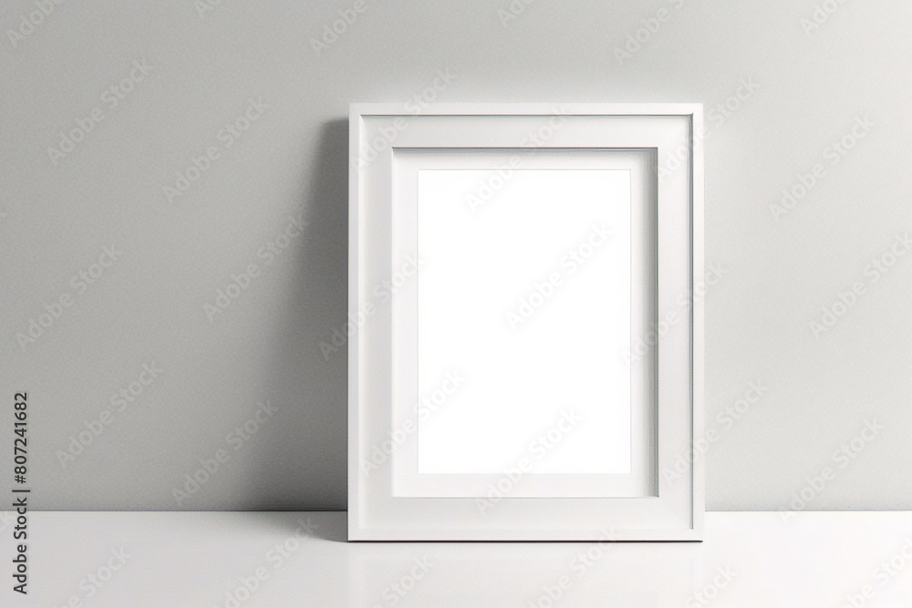 Minimales, leeres, quadratisches Bild mit weißem Rahmen, das auf einem weißen Wandhintergrund mit Fensterlicht und Schatten hängt. Bild isolieren Minimales, leeres, quadratisches Bild mit weißem Rahmen, das auf einem weißen Wandhintergrund mit Fensterlicht und Schatten hängt. Bild isolieren