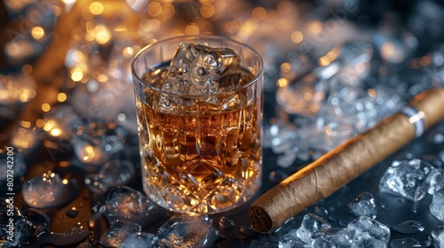 Whiskey on Ice, Accompanied by a Bottle and Cigar, Capturing the Essence of Refined Enjoyment