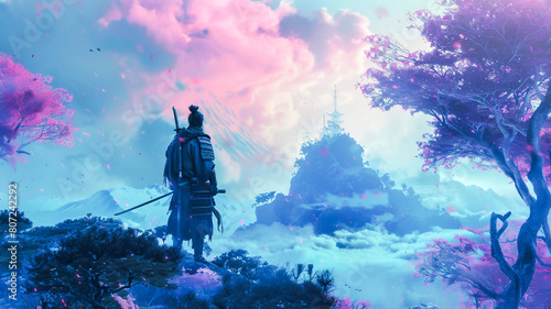 Silhouette of samurai against a beautiful fantasy scene .