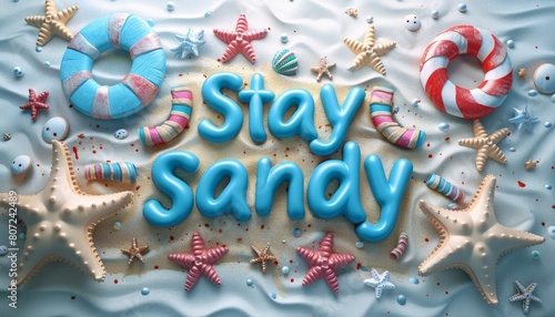 Stay Sandy  Colorful Beach Accessories and Starfish on Sandy Background