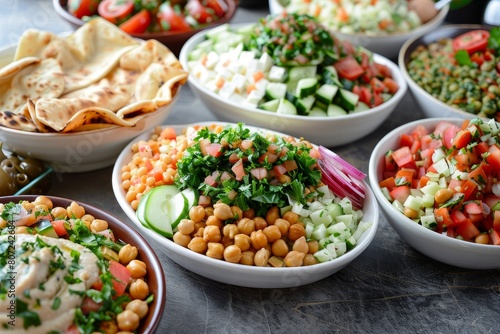 Selection of classic Lebanese dishes like Chickpea Fatteh Tabbouleh Fattoush Salad and Hummus with appetizers Flat lay focused