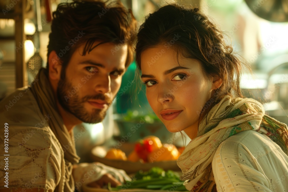 A man and a woman stand side by side in the kitchen, their eyes locked in an intimate moment of connection. A man and a woman stand side by side in the kitchen, their eyes locked in an intimate moment of connection.