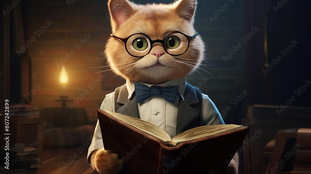 A cat wearing glasses is reading a book. The cat is sitting in a library, surrounded by books. The cat is wearing a bow tie and has a serious expression on its face. A cat wearing glasses is reading a book. The cat is sitting in a library, surrounded by books. The cat is wearing a bow tie and has a serious expression on its face.