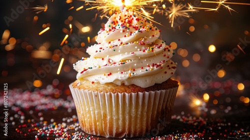   A cupcake topped with snowy white frosting, adorned with jimmies, and sprouting a glittering sparkler photo