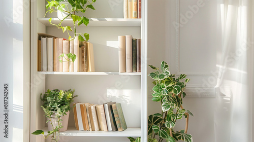 Plant Lover's Paradise: Showcase your favorite reads alongside various plants on a sleek bookcase against a crisp white wall photo
