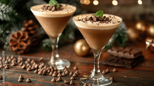   Two chocolate-filled glasses on a wooden table with a Christmas tree in the background  garnished with a mint sprig